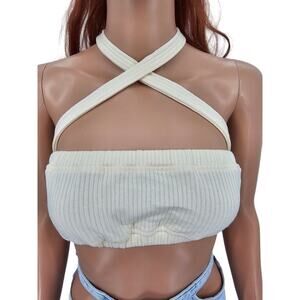 Revolve Weworewhat Womans size L Tie Halter Bra Top Wide Rib Ivory Bandeaux NEW